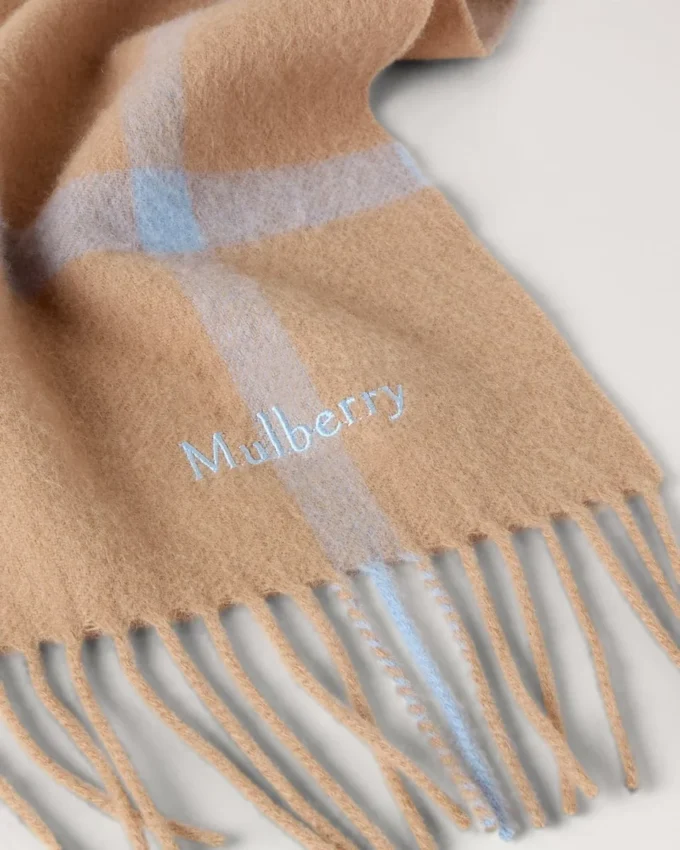 Small Check Merino Wool Scarf Camel & Poplin Blue Merino Wool