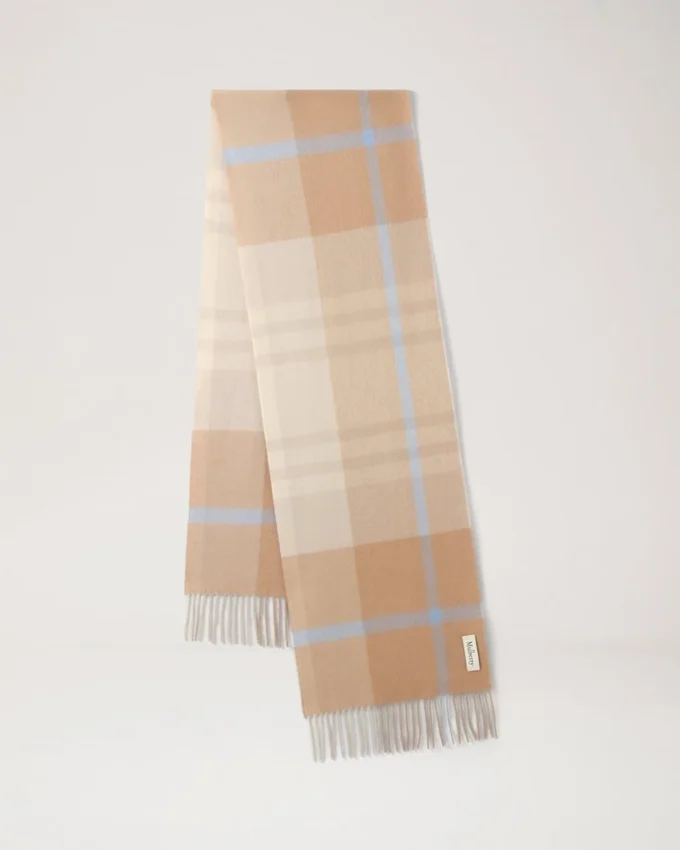 Small Check Merino Wool Scarf Camel & Poplin Blue Merino Wool