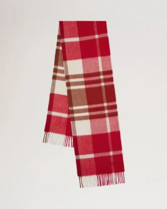 Small Check Merino Wool Scarf Scarlet Red & Bright Oak Merino Wool