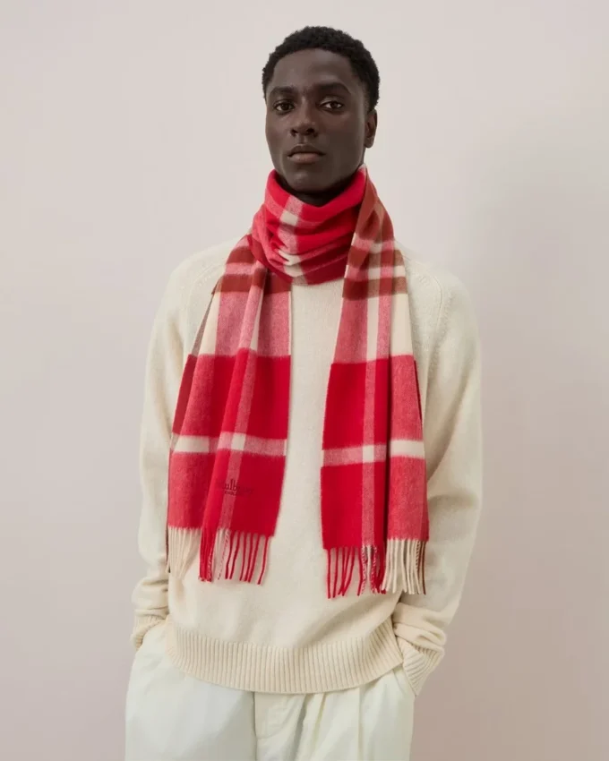 Small Check Merino Wool Scarf Scarlet Red & Bright Oak Merino Wool