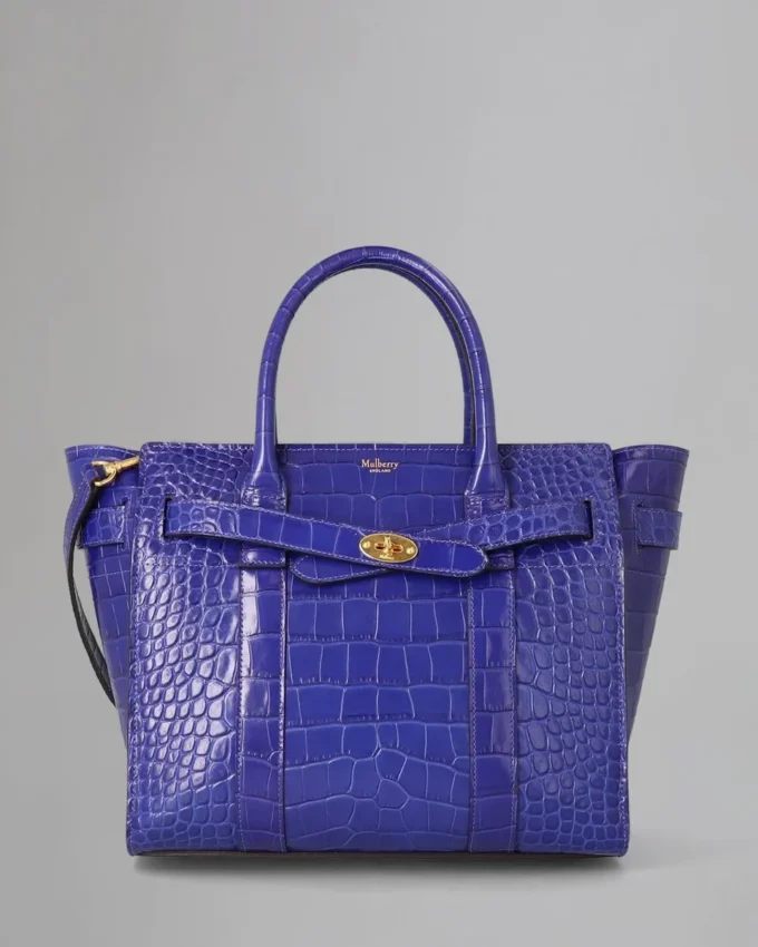 Small Zipped Bayswater Pre-Loved Cobalt Blue Shiny Croc