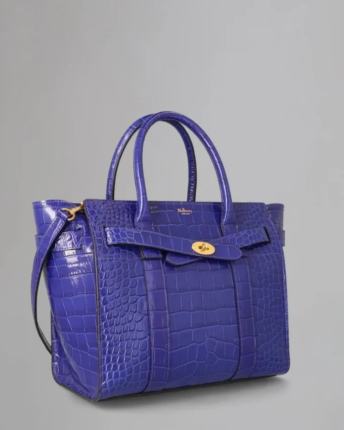 Small Zipped Bayswater Pre-Loved Cobalt Blue Shiny Croc