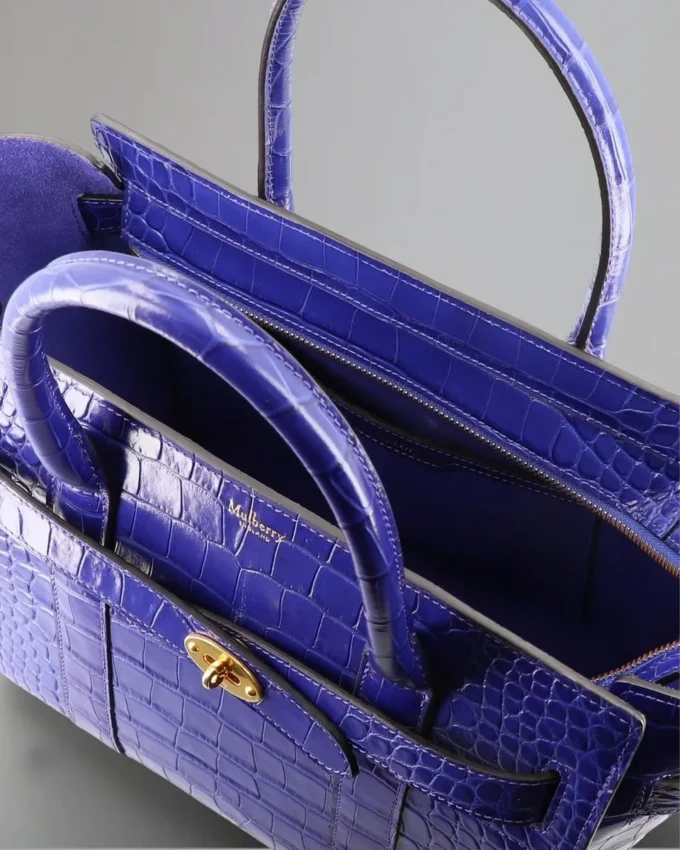 Small Zipped Bayswater Pre-Loved Cobalt Blue Shiny Croc
