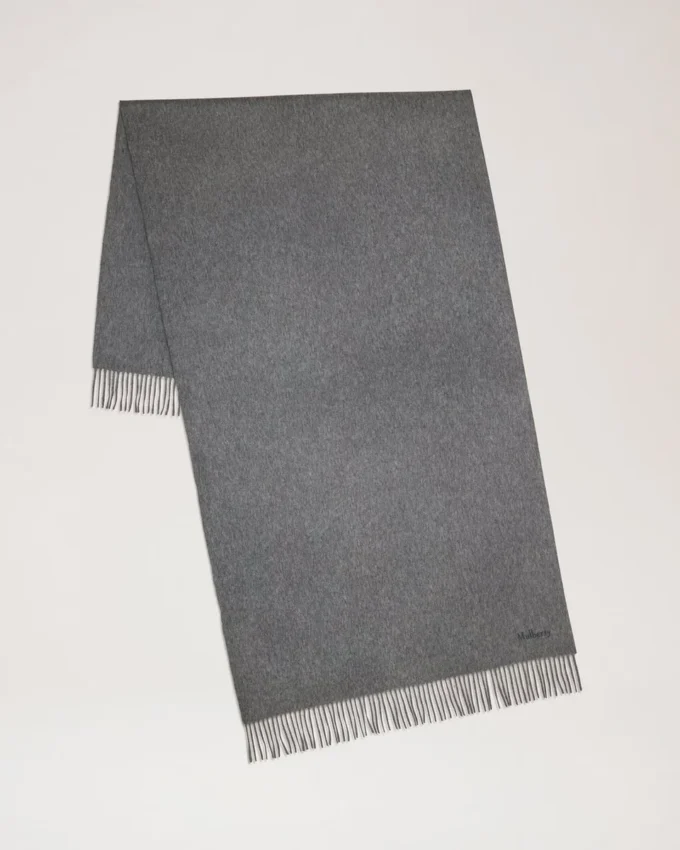 Solid Merino Wool Scarf Grey Melange Embroidered Merino Wool