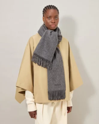 Solid Merino Wool Scarf Grey Melange Embroidered Merino Wool
