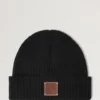 Solid Textured Beanie Black Lambswool Men