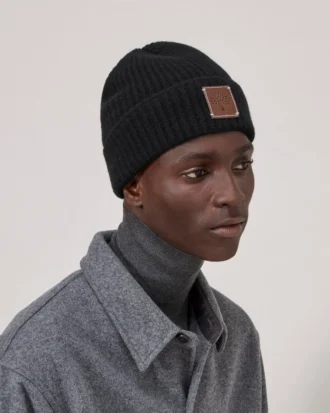 Solid Textured Beanie Black Lambswool Men