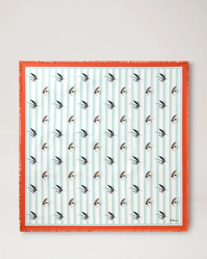 Square Scarf – Feather Lure Marina Blue & Coral Orange Silk Twill