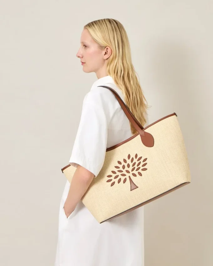 Tree Tote – Raffia Ecru & Bright Oak Raffia & Leather Trim